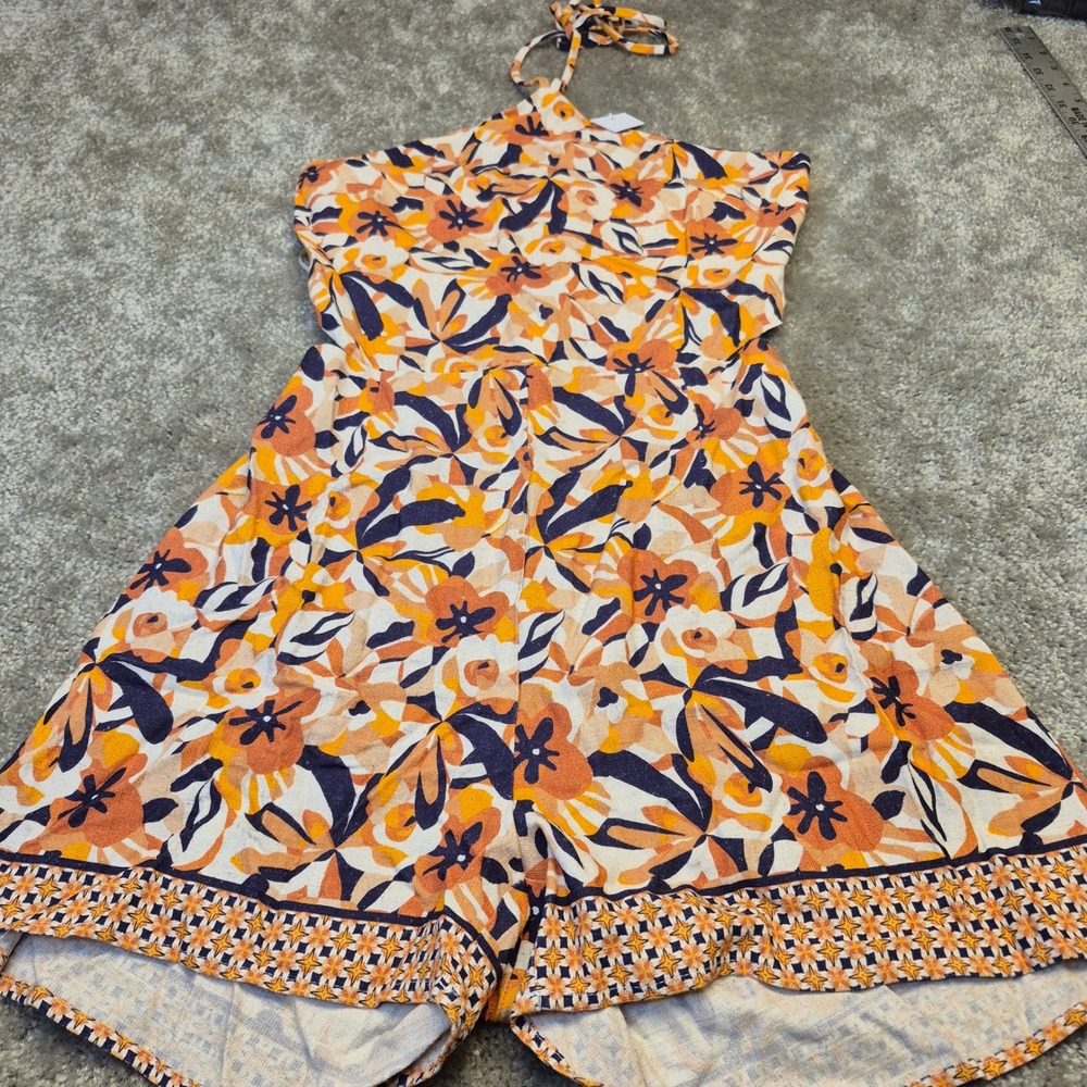 Sage Floral Halter Romper in Orange, Navy & White